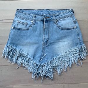 High waisted frayed jean shorts